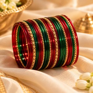 Traditional Red & Green Glass Bangles Set (Dozen)